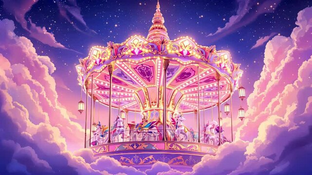 Fantasy magical carousel spinning under a starry night sky, surrounded by colorful clouds