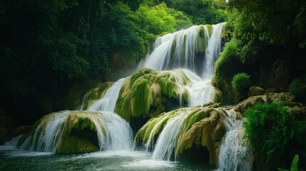 Fototapeta premium Majestic Waterfall Surrounded by Lush Greenery in a Tropical Forest
