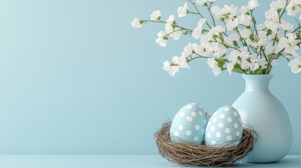 Hand-painted eggs with polka dots, easter blue background