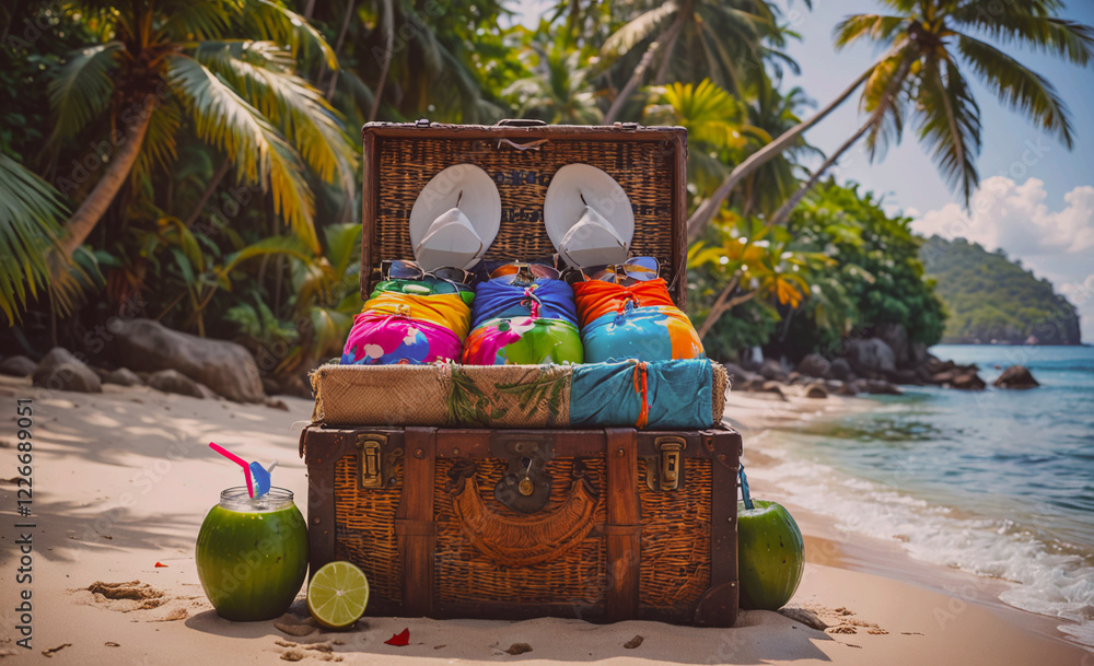 Aufkleber A wooden chest is on the beach with a bunch of colorful bottles and coconuts. The bottles are of different colors and sizes, and the coconuts are green. The scene has a tropical vibe