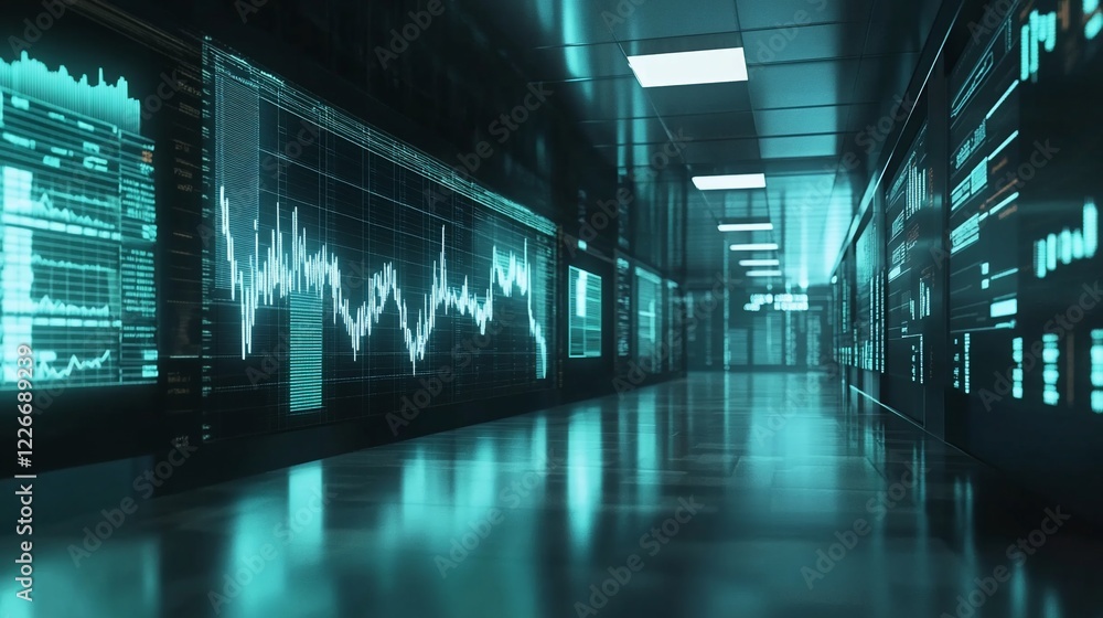 Poster a futuristic server room with glowing monitors displaying data and financial charts