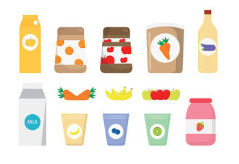 Set of useful store products in cartoon style. Vector illustration of different products, packages: juices, milk, yogurts, fruits, vegetables, carrots, bananas, apples, isolated on white background.