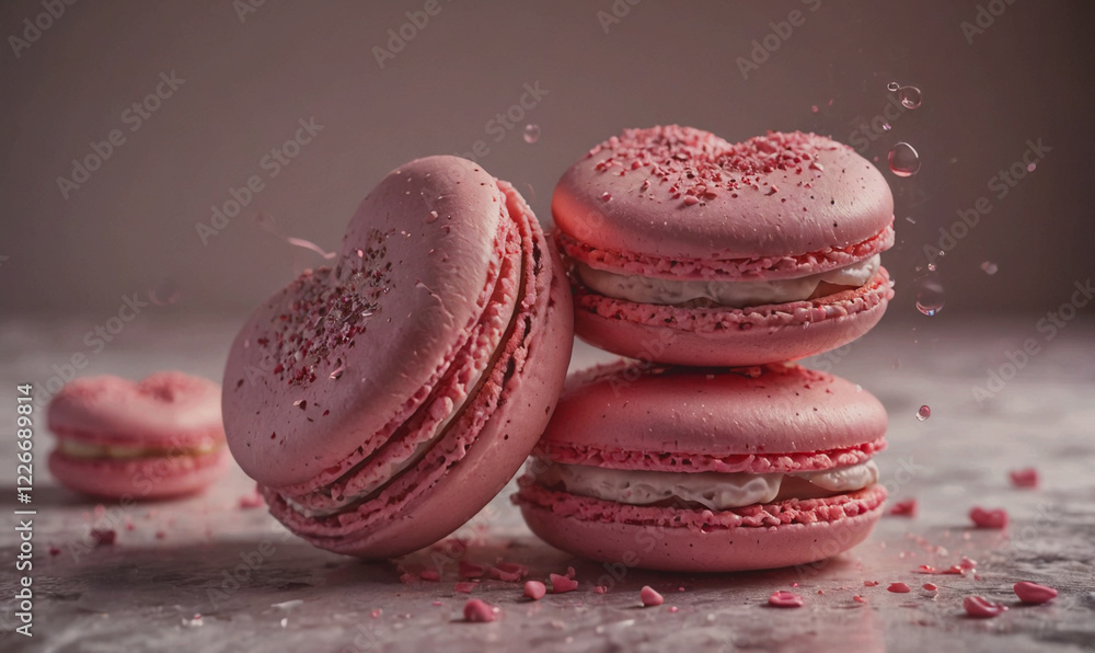 Poster A stack of pink macarons with sprinkles on top. The macarons are arranged in a heart shape, and there are two more macarons on the right side of the stack