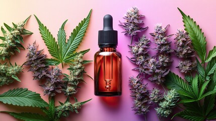 Fototapeta premium A top view of a luxury CBD oil dropper bottle and cannabis leaves in multi-colored holographic light showcases the concept of premium quality CBD or essential oil products.