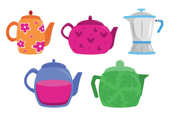 Set of beautiful teapots, coffee maker in cartoon style. Vector illustration colorful teapots, coffee maker with different patterns: flowers, hearts, plants, stripes isolated on white background.