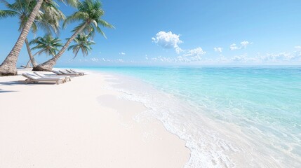 Fototapeta premium Empty lounge chairs rest under palm trees on a pristine white sand beach next to turquoise ocean water under a clear blue sky.