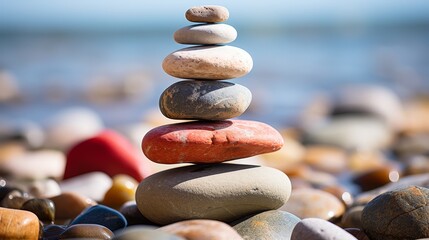 A symbolic scale made of stones balanced on a serene sea background. The scene represents harmony and balance, conveying the concepts of work life balance and emotional well being. 
