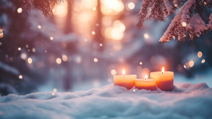 Fototapeta premium Winter Wonderland Candlescape Snowy Scene Peaceful Night Romantic Cozy Candles Burning Warm Light 