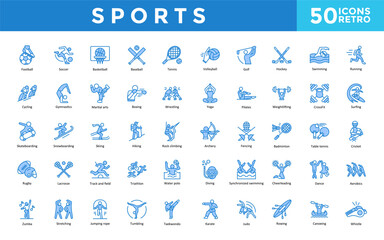 Sports icon set with football, soccer, basketball, baseball, tennis, volleyball, golf, hockey, swimming, running icon. Simple retro vector 
