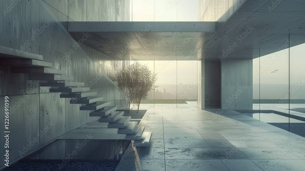 Poster a modern concrete building with a minimalist design and a large window overlooking a serene landscap