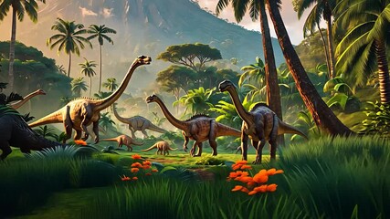 Prehistoric Dinosaurs Roaming in a Lush Tropical Jungle with Green Vegetation and Ancient Ferns in a Primeval Era

