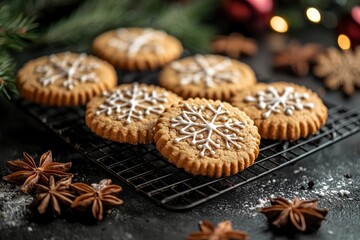 Festive Christmas Cookies with Icing on Cooling Rack in Winter Setting