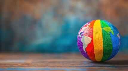 Rainbow globe celebrating international day against homophobia, biphobia, and transphobia. Horizontal banner. Copy space. Globe in colors of LGBT flag on a blue background