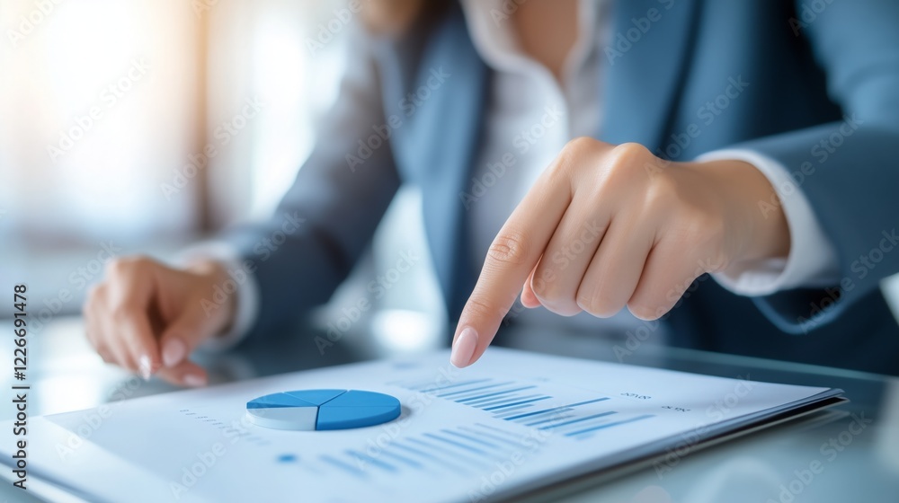Aufkleber businesswoman discusses data insights while pointing at a pie chart in a modern office setting