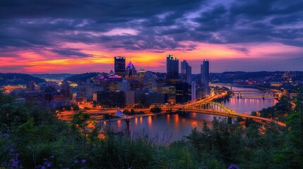 Vibrant sunset over Pittsburgh skyline with rivers and bridges.