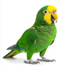 Yellow-naped Amazon parrot perched gracefully against a white background showcasing vibrant plumage and unique features