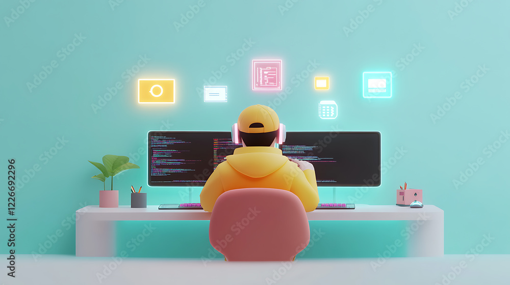 Poster tech enthusiast coding at desk modern workspace digital environment creative viewpoint innovation fo