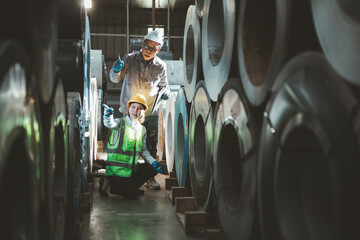 Technician teaching engineer using clipboard to discuss work. Industry. Man and woman wearing hard hats inspecting machine quality.