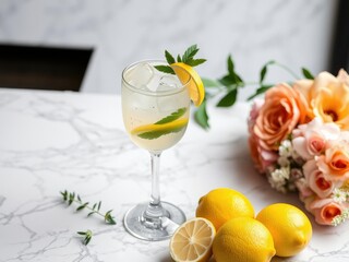 Glass of Tom Collins cocktail on a marble countertop with a few lemons arranged around it, surrounded by decorative elements like flowers and greenery, lemons, beverage