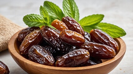 Fototapeta premium Medjool Dates in Traditional Bowl with Wooden Spoon, Dates , Ramadan, Ramadan Food,