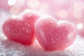 Obraz premium A collection of heart-shaped candy sprinkles in a shiny, glittery finish that catch the light and add sparkle to celebratory events.