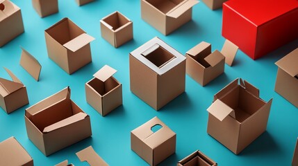 Arrangement of Brown Cardboard Boxes on a Blue Background with One Red Box Placed Among Them