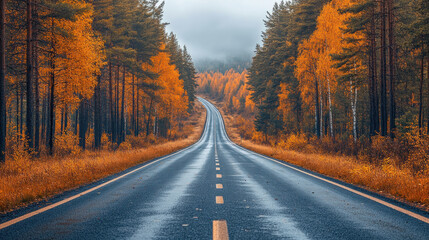 Fototapeta premium A long highway stretching through a dense forest with golden autumn leaves