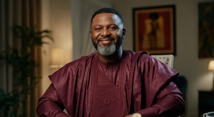 Confident mature african man in elegant traditional attire in a modern home setting
