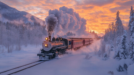 Obraz premium A steam locomotive crossing a snowy landscape with plumes of steam against a winter sky