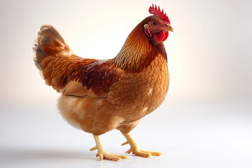 Fototapeta premium Photorealistic image of a brown chicken standing on two feet, isolated on a white background in high definition.