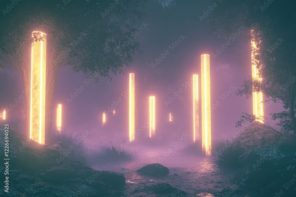 Aufkleber a forest with glowing trees and a foggy atmosphere. the trees are illuminated with neon lights, crea