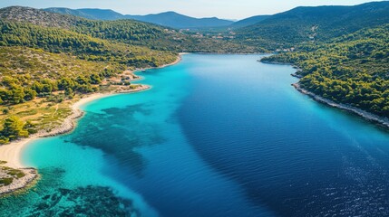 Fototapeta premium Coastline view showing crystal clear seawater and lush greenery along a serene bay in a coastal region