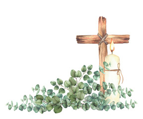 Burning candle with Cross tied with rope and Eucalyptus silver dollar plant green branches Religious Watercolor painted isolated from background illustration for first communion, Easter, wedding card