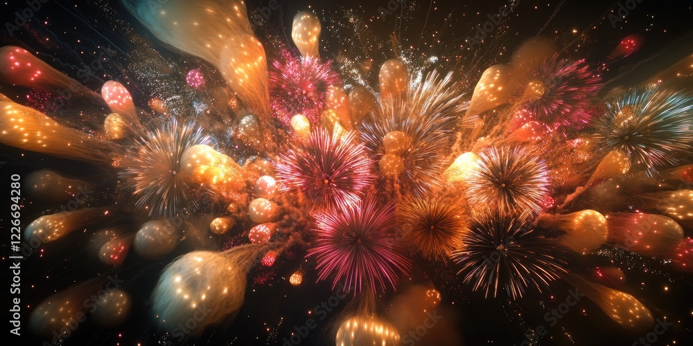 Poster a colorful fireworks display with many different colored fireworks. the fireworks are in the air and