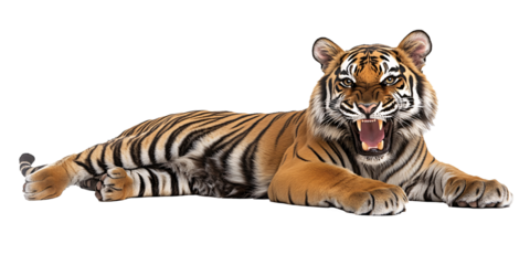 A powerful tiger roars, showcasing its might and beauty.