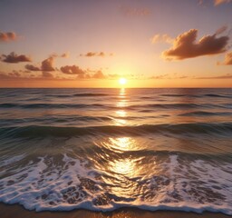 Obraz premium Golden hues of sunset reflected in calm ocean waters, peaceful scene, serene atmosphere, water