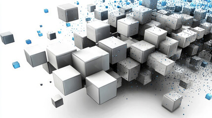 dynamic 3d cubes abstract background featuring disintegrating white gray and blue concrete cube structures in minimalist geometric art design with textured rendering