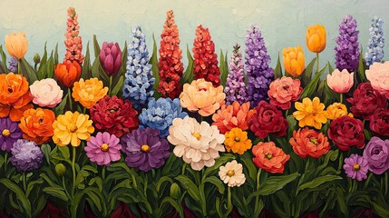 Easter Sunday flower garden, panoramic view of blooming flowers in vivid spring colors, inspiring and tranquil