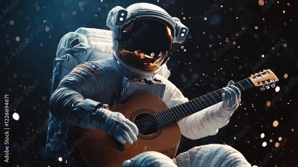 Poster astronaut playing guitar in space with floating particles