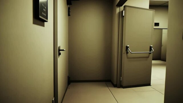Eerie first-person perspective following ominous corridor with stairs. Institutional handrails and doors line the walls. Unsettling liminal atmosphere in a seemingly abandoned building (backrooms).
