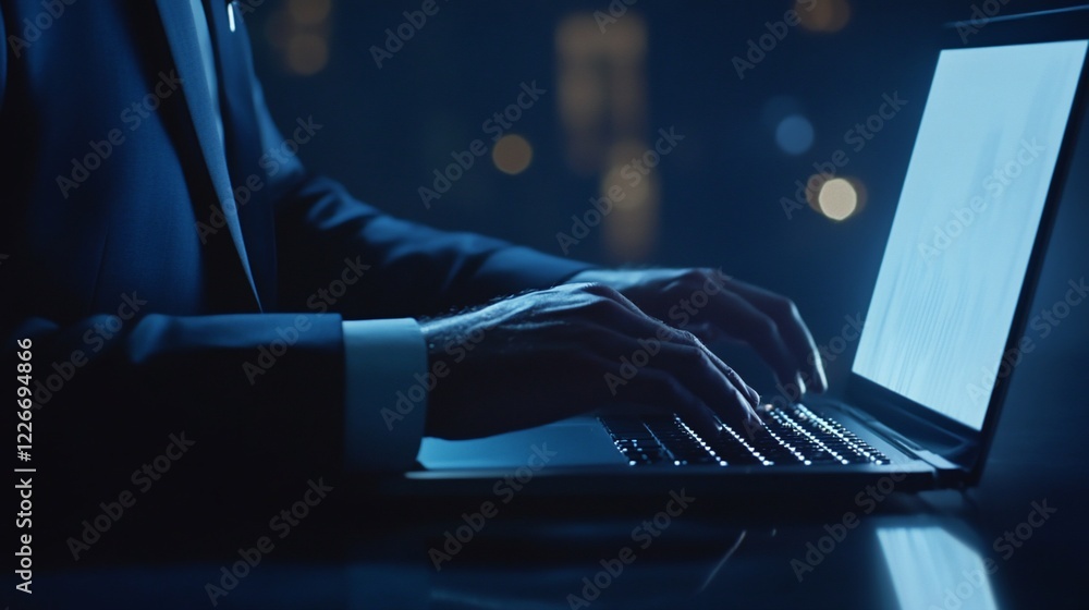 Poster a person typing on a laptop in dim lighting with bokeh background for modern tech theme