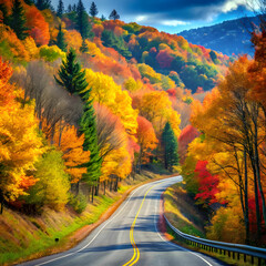 Obraz premium Winding Beauty: Scenic Hilly Road Surrounded by Vibrant Autumn Trees