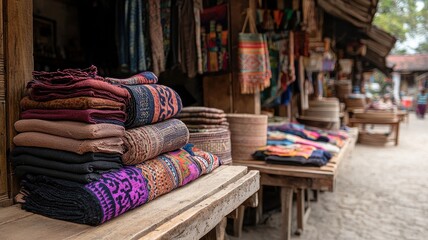 Fototapeta premium community market with cultural goods concept. Colorful textiles displayed in a vibrant market setting.