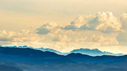 the picturesque line of the Tatra Mountains in the light of the setting sun