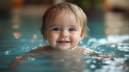 Little baby enjoys swimming lessons in a warm indoor pool while learning to float and smile with joy