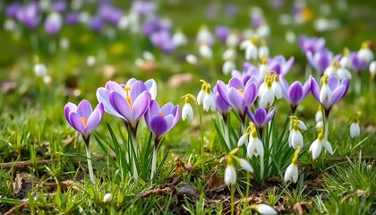 Crocus and Snowdrop Blooms in Spring Meadow