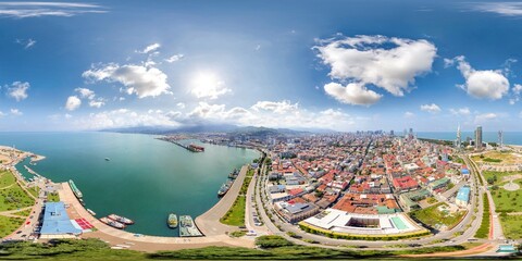 Batumi Georgia Dron image with 3D spherical air panorama with 360 degree viewing angle. Old Town. Alphabet tower. Ready for virtual reality in vr. Full equirectangular projection.