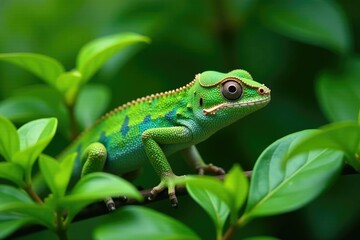 Fototapeta premium Green foliage surrounds a small chameleon blending in, leaves, nature