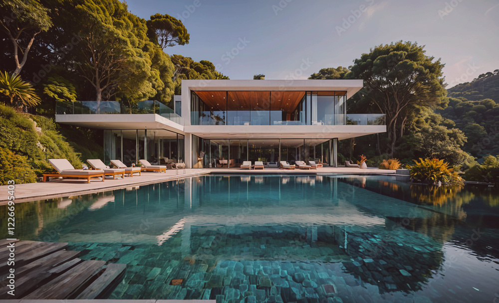 Aufkleber A large house with a pool and a large glass wall. The pool is surrounded by a deck with many lounge chairs. The house is situated on a hill with trees in the background
