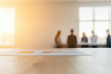 Bright sunlight fills modern office, highlighting blurred meetin